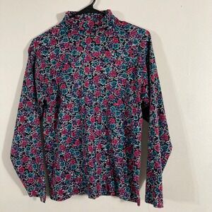 L.L. Bean Floral Turtleneck Women Medium Multicolor Cotton USA Long Sleeves